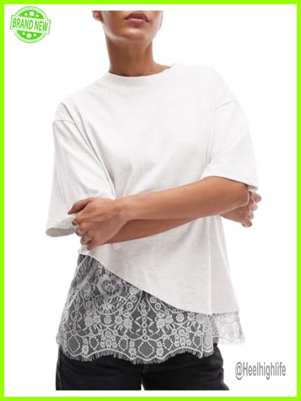 Womens Lace Hem Short Sleeve T-Shirt Loose Fit Crew Neck Cotton Casual Top